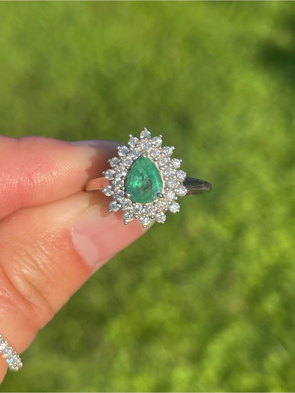 Emerald and Moissanite Double Halo Ring